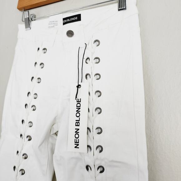 Neon Blonde Blondie Tie-Up Skinny Jeans White Denim Lace-Up Velvet Revolve 24 - Picture 4 of 9
